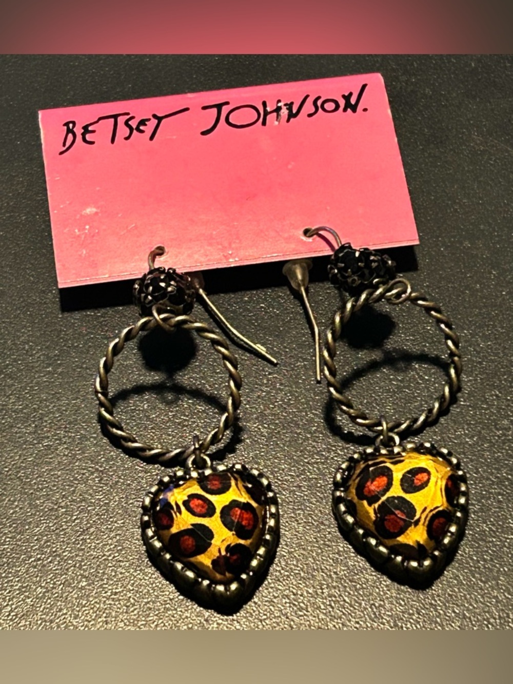 BETSEY JOHNSON LEOPARD-PRINT HEART DROP EARRINGS, HOOKS W/ STOPPERS/ON-CARD/NWT